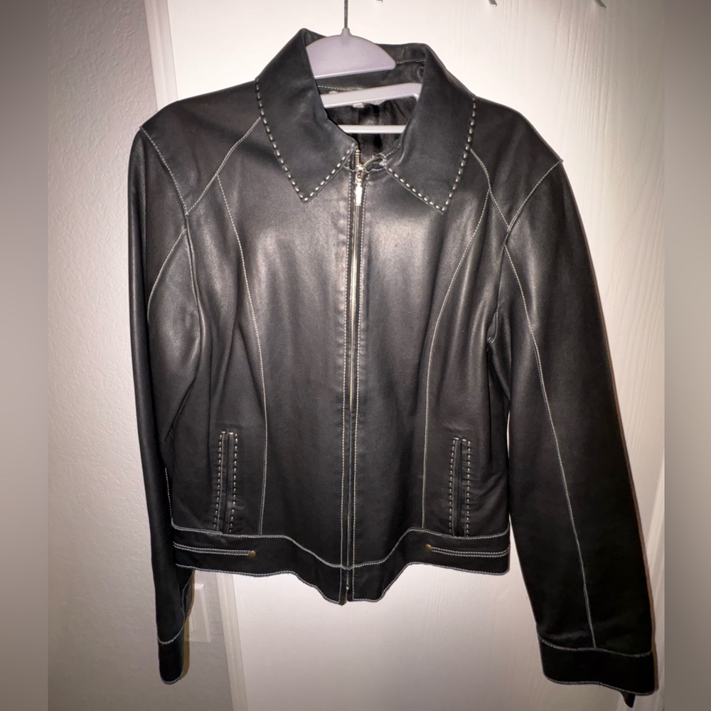 CABI Black Leather Jacket With Stitching Details